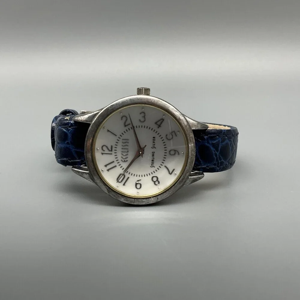 Ecclissi 23182 Womens Watch 29mm Sterling Silver Blue Leather New Battery